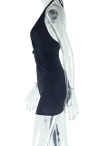 Black Sexy Solid Color Backless Halter Wrapped Skirt Dresses