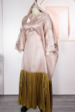 Champagne Casual Pleated Contrast O Neck Long Dresses