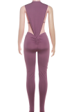 Purple Sexy Solid Color Backless O Neck Skinny Jumpsuits