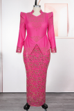 Rose Red Elegant Embroidery Slit Mandarin Collar Long Plus Size Dresses