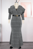 Silver Elegant Solid Color Ruched V Neck Long Plus Size Dresses