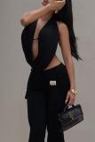Brownness Sexy Solid Color Backless Halter Sleeveless Two Pieces