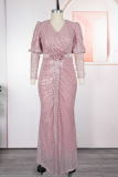 Red Elegant Solid Color Sequins V Neck Long Plus Size Dresses