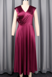 Burgundy Elegant Solid Color Flower Shape V Neck Long Dresses
