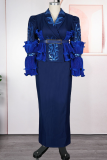 Deep Blue Elegant Leaves With Belt Turndown Collar Plus Size Dresses