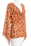 Orange Sexy Leopard Print Ruched Deep V Neck Wrapped Skirt Dresses