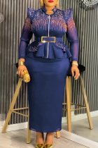 Blue Casual Solid Color Hot Drill Mandarin Collar Plus Size Two Pieces