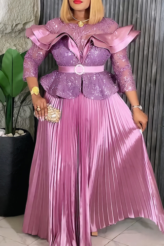 Pink Purple Elegant Solid Color Sequins Pleated O Neck Long Plus Size Dresses