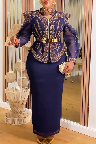 Deep Blue Elegant Solid Color Stringy Selvedge Mandarin Collar Long Plus Size Dresses