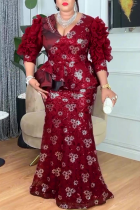 Red Elegant Leaves Contrast V Neck Long Plus Size Dresses