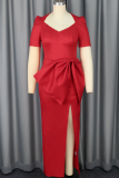 Red Elegant Solid Color High Slit Bow Decor Asymmetrical Collar Evening Dresses