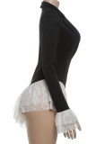 Black Sexy Solid Color Lace Contrast Turndown Collar Regular Rompers
