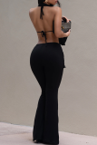 Brownness Sexy Solid Color Backless Halter Sleeveless Two Pieces