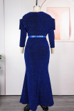Silver Elegant Solid Color Ruched V Neck Long Plus Size Dresses