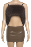 Brown Sexy Solid Color Backless Spaghetti Strap Sleeveless Two Pieces