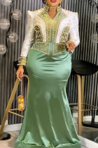 Green Elegant Solid Color Beading Mandarin Collar Long Plus Size Dresses