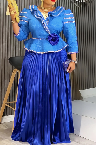 Blue Elegant Solid Color Pleated V Neck Long Plus Size Dresses