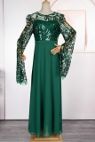 Green Elegant Solid Color Sequins O Neck Evening Plus Size Dresses