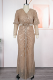 Red Elegant Solid Color Sequins V Neck Long Plus Size Dresses
