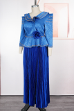 Blue Elegant Solid Color Pleated V Neck Long Plus Size Dresses