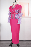 Deep Blue Elegant Leaves With Belt Turndown Collar Plus Size Dresses