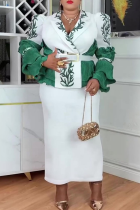 White Elegant Leaves With Belt Turndown Collar Plus Size Dresses