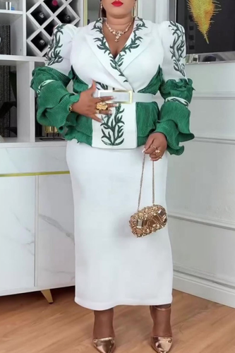 White Elegant Leaves With Belt Turndown Collar Plus Size Dresses