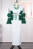 Deep Blue Elegant Leaves With Belt Turndown Collar Plus Size Dresses