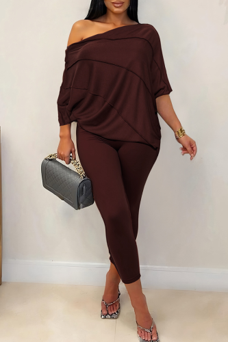 Brown Casual Solid Color Patchwork O Neck Half Sleeve Two Pieces