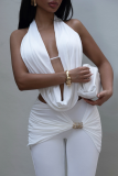 Brownness Sexy Solid Color Backless Halter Sleeveless Two Pieces