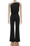Black Casual Solid Color Patchwork Oblique Collar Regular Jumpsuits