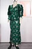 Green Elegant Leaves Contrast V Neck Long Plus Size Dresses