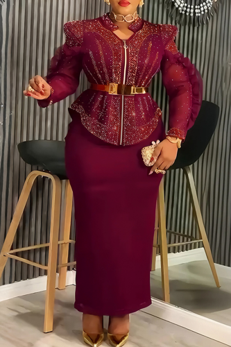Red Elegant Solid Color Stringy Selvedge Mandarin Collar Long Plus Size Dresses