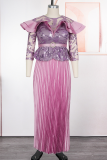 Green Elegant Solid Color Sequins Pleated O Neck Long Plus Size Dresses