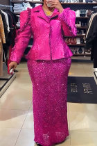 Rose Red Elegant Solid Color Sequins Turn-back Collar Plus Size Dresses
