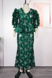 Green Elegant Leaves Contrast V Neck Long Plus Size Dresses