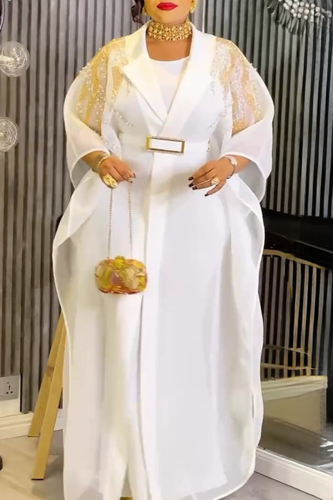 White Casual Solid Color With Belt Turndown Collar Long Sleeve Two Pieces