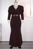 Silver Elegant Solid Color Ruched V Neck Long Plus Size Dresses