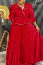 Red Elegant Solid Color Pleated V Neck Long Plus Size Dresses