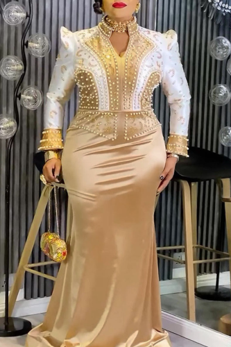 Champagne Elegant Solid Color Beading Mandarin Collar Long Plus Size Dresses