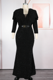 Silver Elegant Solid Color Ruched V Neck Long Plus Size Dresses