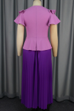 Purple Elegant Solid Color Pleated Contrast V Neck Long Dresses