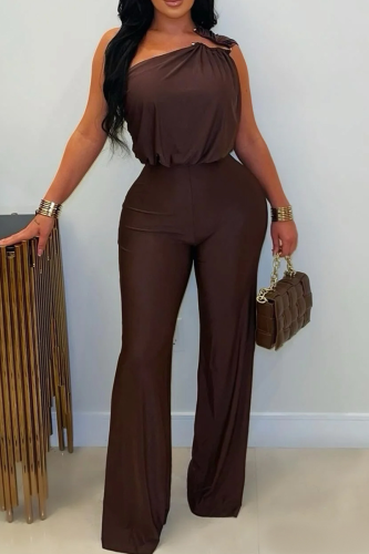 Coffee Casual Solid Color Patchwork Oblique Collar Regular Jumpsuits