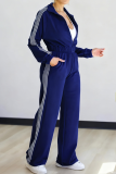 Deep Blue Casual Stripe Contrast Zipper Collar Long Sleeve Two Pieces