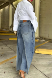 Light Blue Casual Solid Color Patchwork Mid Waist Loose Denim Jeans