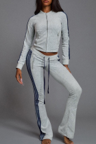 Grey Casual Stripe Contrast Zipper Collar Long Sleeve Two Pieces