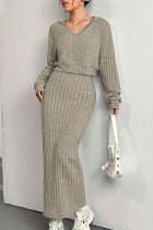 Khaki Casual Solid Color Patchwork V Neck Long Sleeve Two Pieces