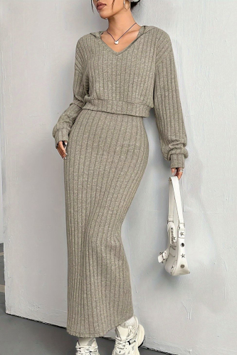 Khaki Casual Solid Color Patchwork V Neck Long Sleeve Two Pieces