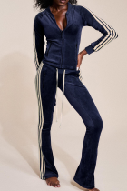 Blue Casual Stripe Contrast Zipper Collar Long Sleeve Two Pieces