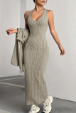Light Gray Casual Solid Color Patchwork V Neck Long Sleeve Two Pieces